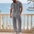 thumbnail image 5 of FRSASU Men's 2 Piece Linen Outfits Short Sleeve Henley Hooded Shirt and Beach Pants Set Casual Summer Matching Set Gray, 5 of 9