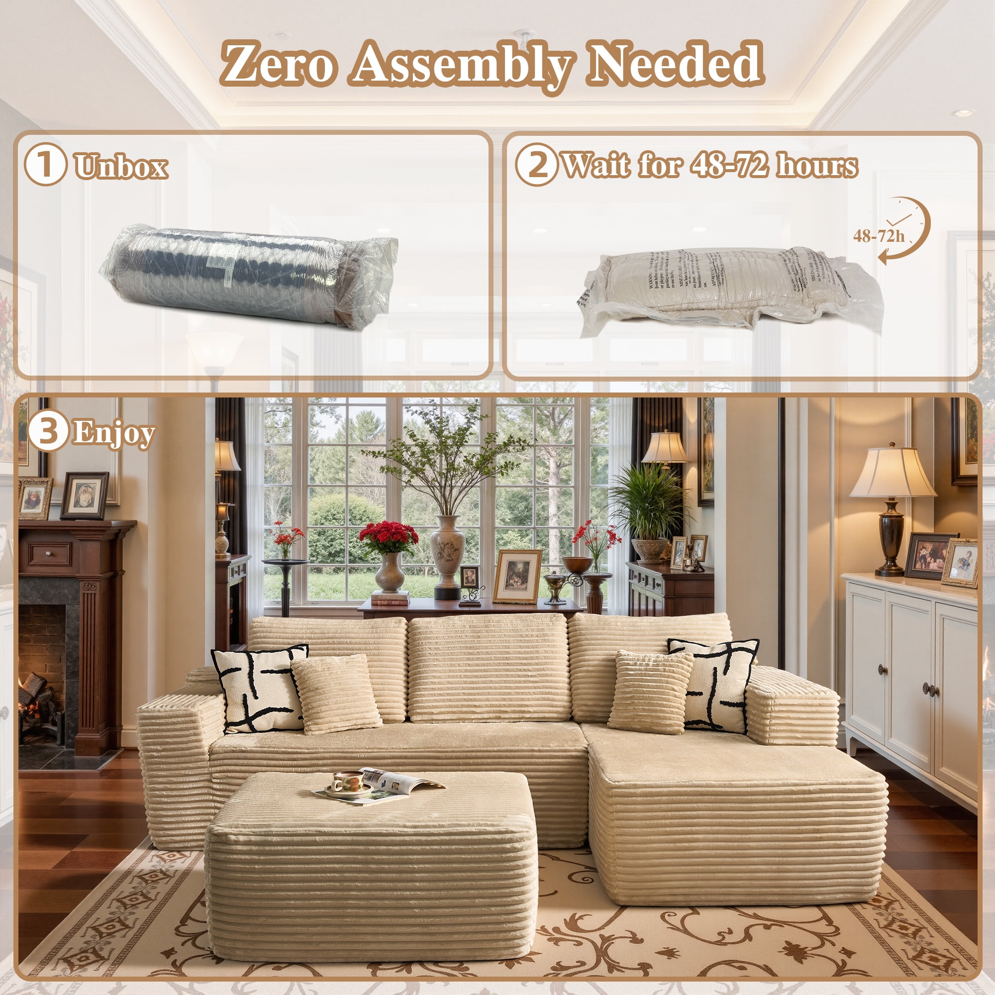 Ovios 106" Cloud Sofa Couch No Assembly Boneless Deep Seat Sofa with Ottoman for Living Room, Beige (Plush Corduroy)