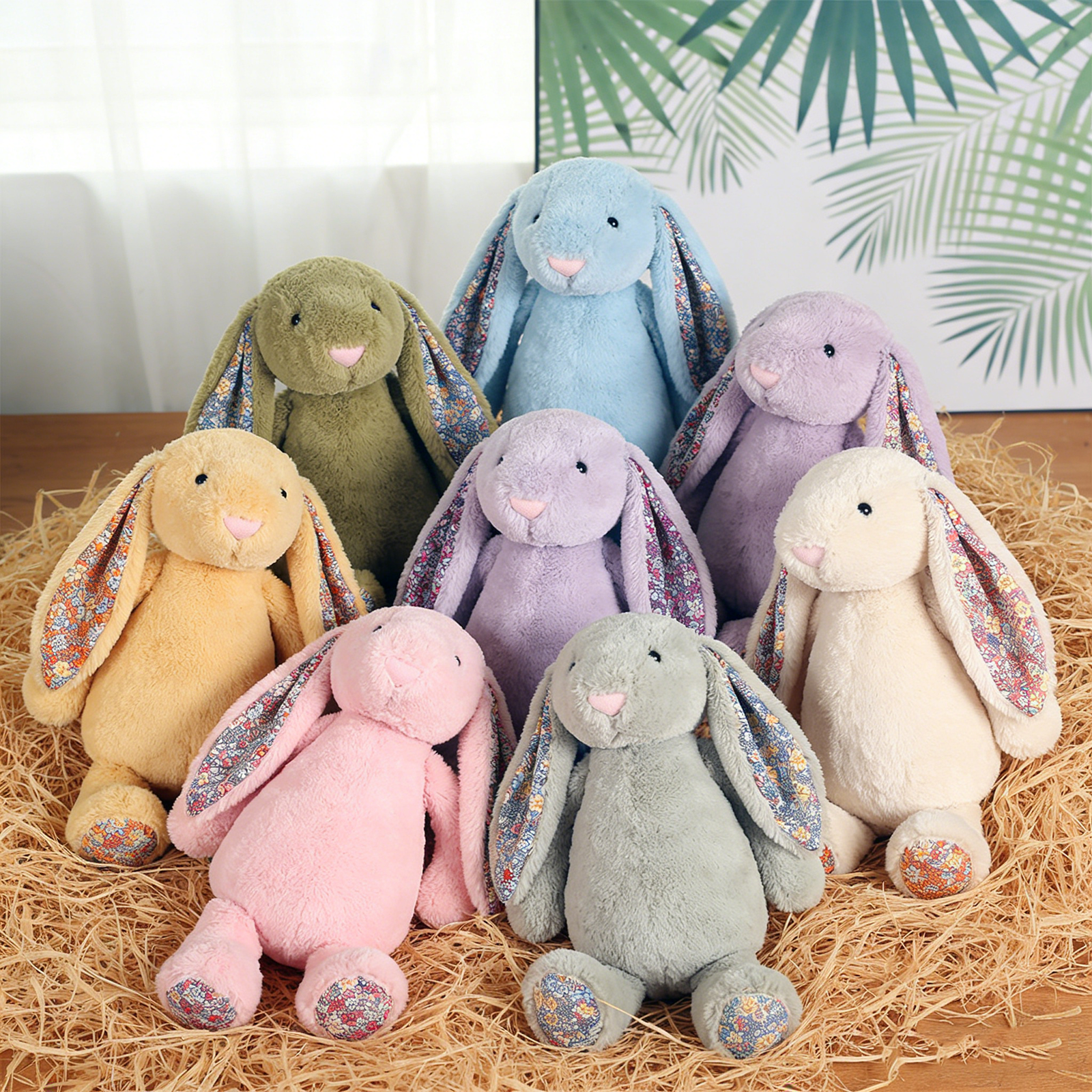 Aximioll 9pc 9.8" Floral Easter Bunny Plush Set - Large Vintage Rabbit Stuffed Animal Bulk - Soft Spring Decor & Big Basket Stuffers - Cottagecore Flower Pattern Gift for Kids (Assorted Colors)