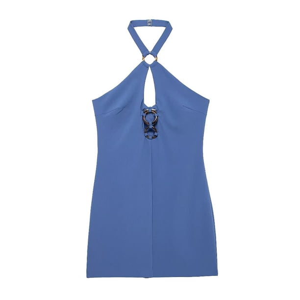 Vestido mini azul a la moda para mujer, con abertura en la espalda, con cremallera, estilo vintage, cuello halter, sin mangas, elegante para mujer