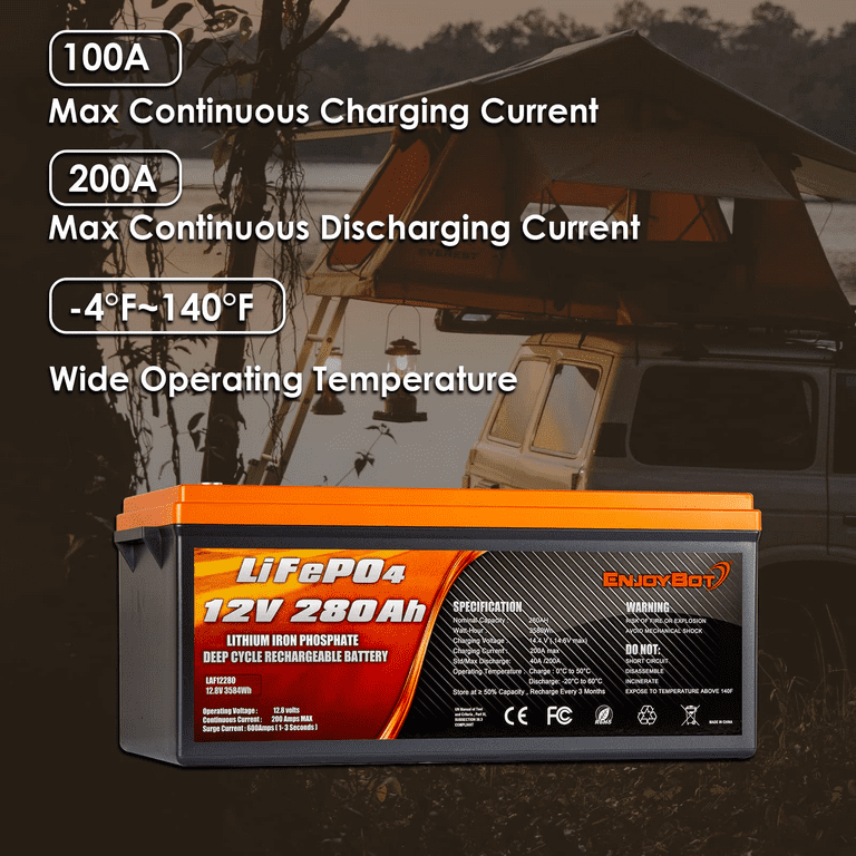Enjoybot LiFePO4 Battery 12V 280AH Lithium Battery, Built-in 200A BMS Low  Temperature Cut Off Lithium Iron Phosphate Battery Perfect for RV, Solar,  Marine, Camping, Home Energy Storage 