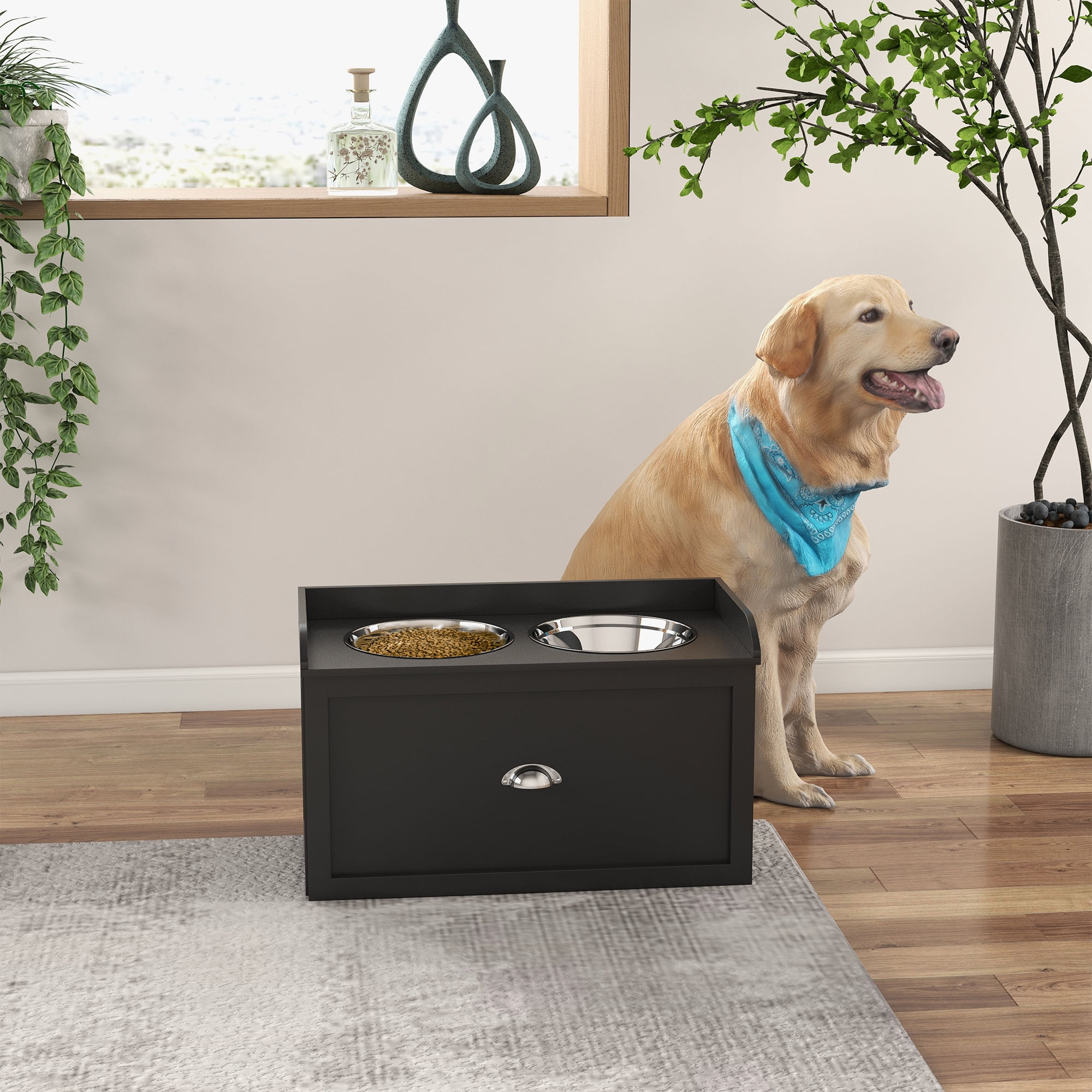 E-Western Dog Feeding Station with Storage Drawer, Large Removable Elevated Stainless Steel Bowls, Pet Organizer, Black