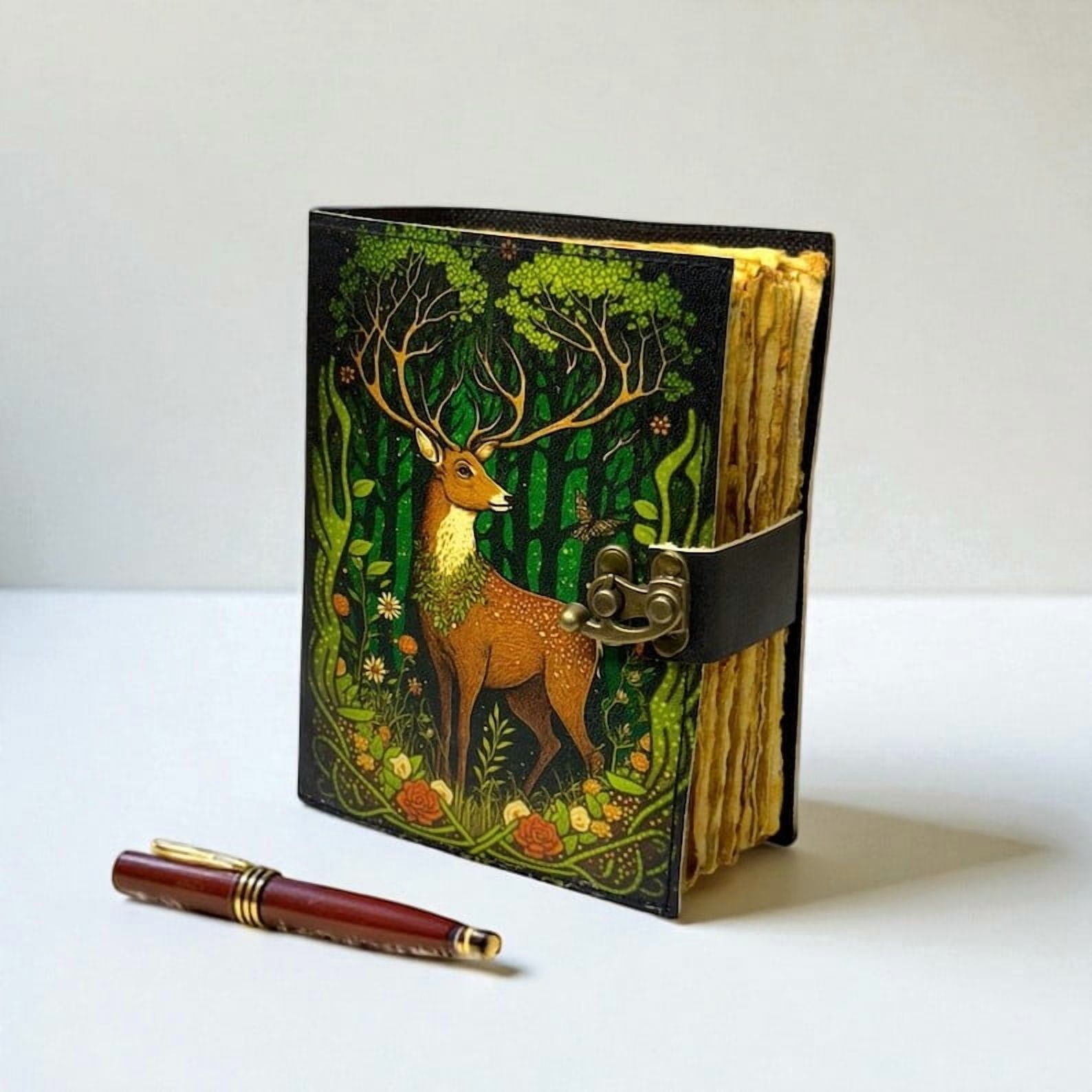 Handmade Leather Journal – Forest Deer Design, 5x7 in, 200 Handmade Deckle Pages, Vintage Clasp, Aesthetic Writing Notebook