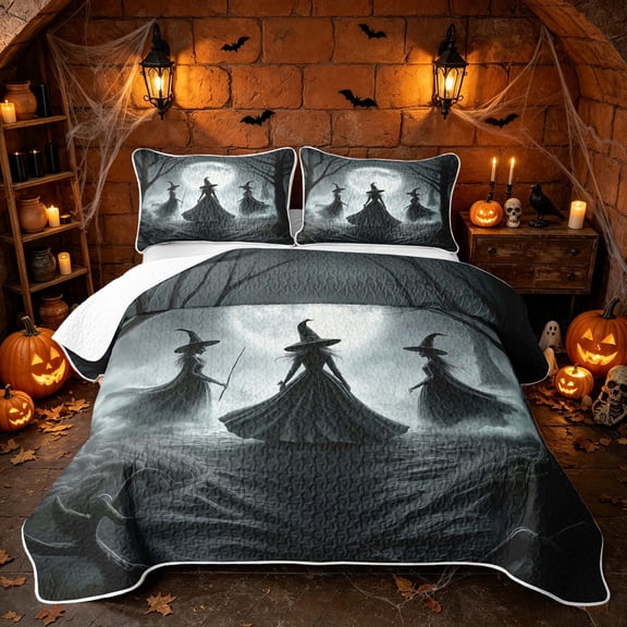 Erosebridal Spooky Witches Twin Quilt Set, Halloween Misty Moon Twin Coverlet Set for Boys Girls, Dark Grey Silver, 2-Piece 1 Bedspread and 1 Pillowcase