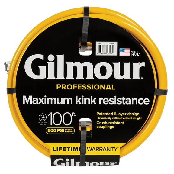 Gilmour Flexogen 100ft Heavy Duty Garden Hose, 5/8" All-Weather Water Hose with Crush-Resistant Aluminum Fittings, 500 PSI Burst Strength, Kink & Leak Resistant, Yellow