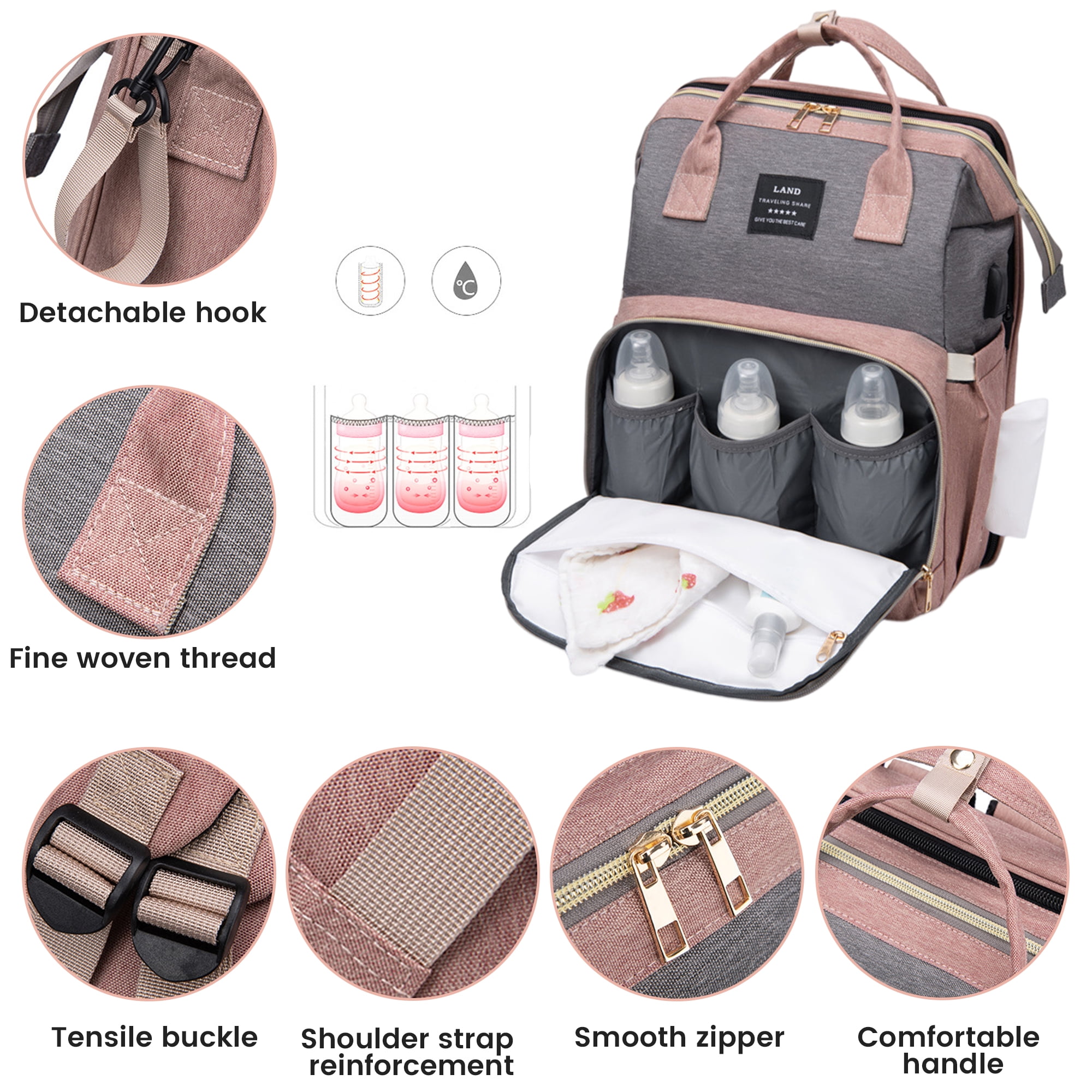 Diaper Backpack, Baby Diaper Bag Backpack for Boys& Girls, Large Capacity Baby Changing Bag w/ Foldable Crib & Insulated Milk Bottle Pocket - Waterproof and Stylish (Pink)