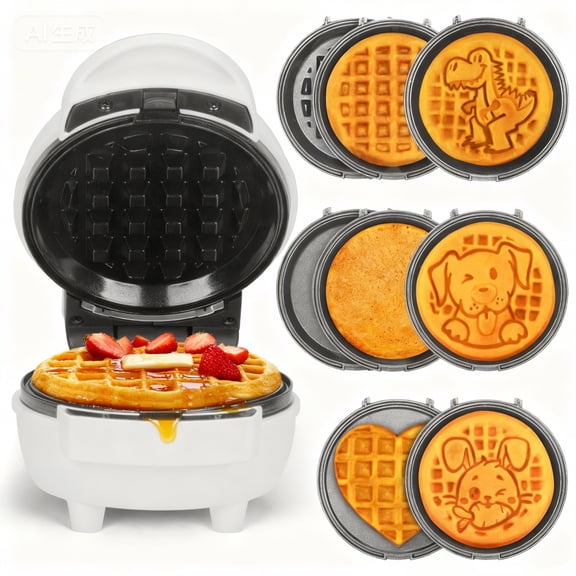 Mailand 6-in-1 Mini Waffle Maker with 8 Removable Plates,  4.5'' Small Waffles Maker Machine, Ceramic Coating, White