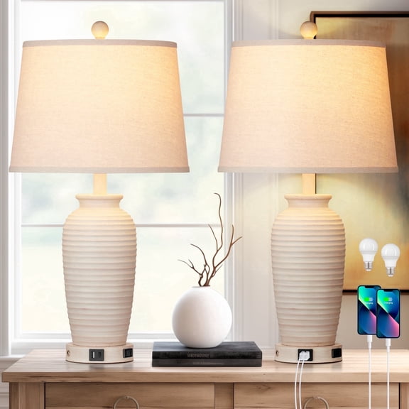 Cinkeda 25" Touch Control Table Lamp Set of 2, White Resin Jar Body with Oatmeal Linen Shade, USB-C & AC Outlet, 3-Level Dimmable, Dimmable LED Bulb Included for Bedroom