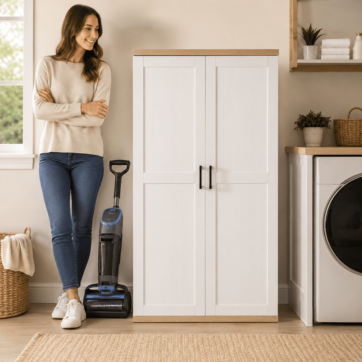 Mintazer 55.1" Freestanding Vacuum Storage Cabinet with 2 Doors & Adjustable Shelf, Cleaning Tool Cabinet for Laundry Room Living Room Kitchen, White