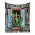 thumbnail image 1 of Geraniums Soft Flannel Fleece Throw Blanket, Blooming Flowers on Rural House Window with Blue Colored Rustic Shutters, Cozy Plush for Indoor and Outdoor Use, 50" x 60", Multicolor, by Ambesonne, 1 of 6