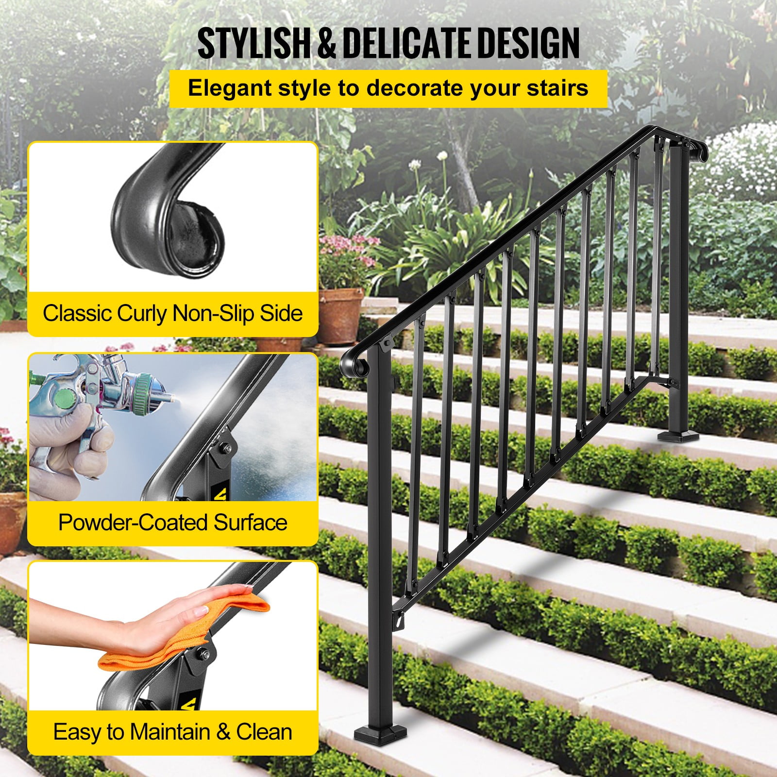 BENTISM Iron Handrail Picket 4 or 5 Steps Stair Railing Hand Rail for Outdoor