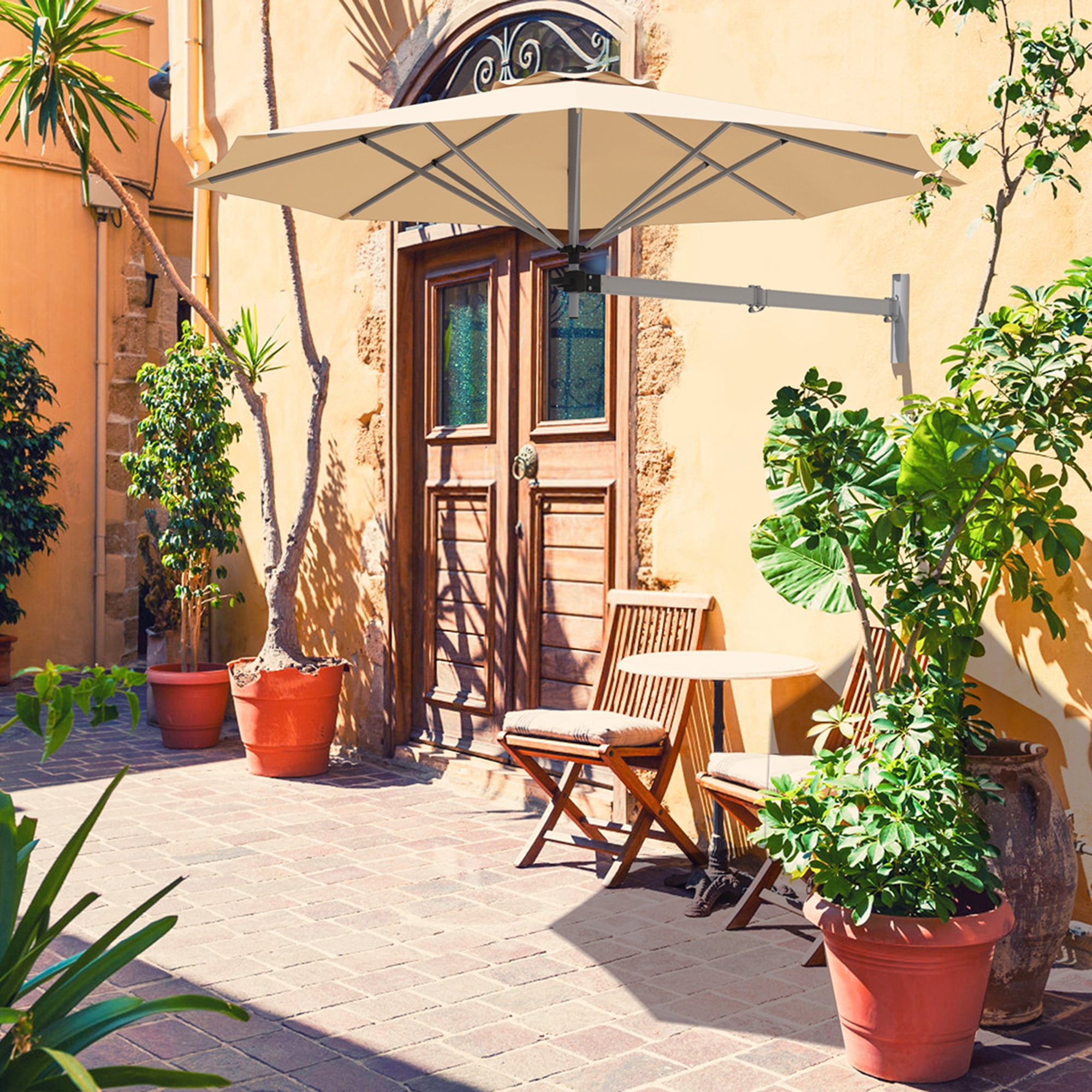 Gymax 8ft Patio Wall Mounted Cantilever Umbrella Parsol W Adjustable Pole Beige Walmart Canada