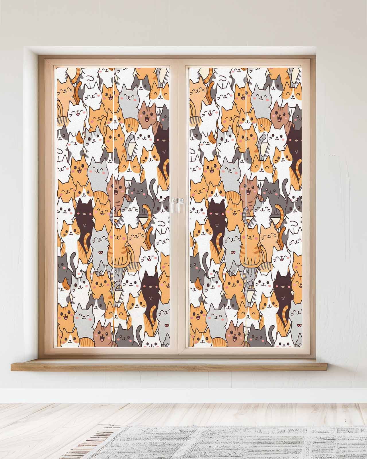 Window Privacy Film Cartoon Cat Stained Glass Window Film Decorative Sun Block Window Cover Modern Funny Cute Orange Gray Animals Window Clings Static Adhesive Sticker for Bathroom 23.6"x59"