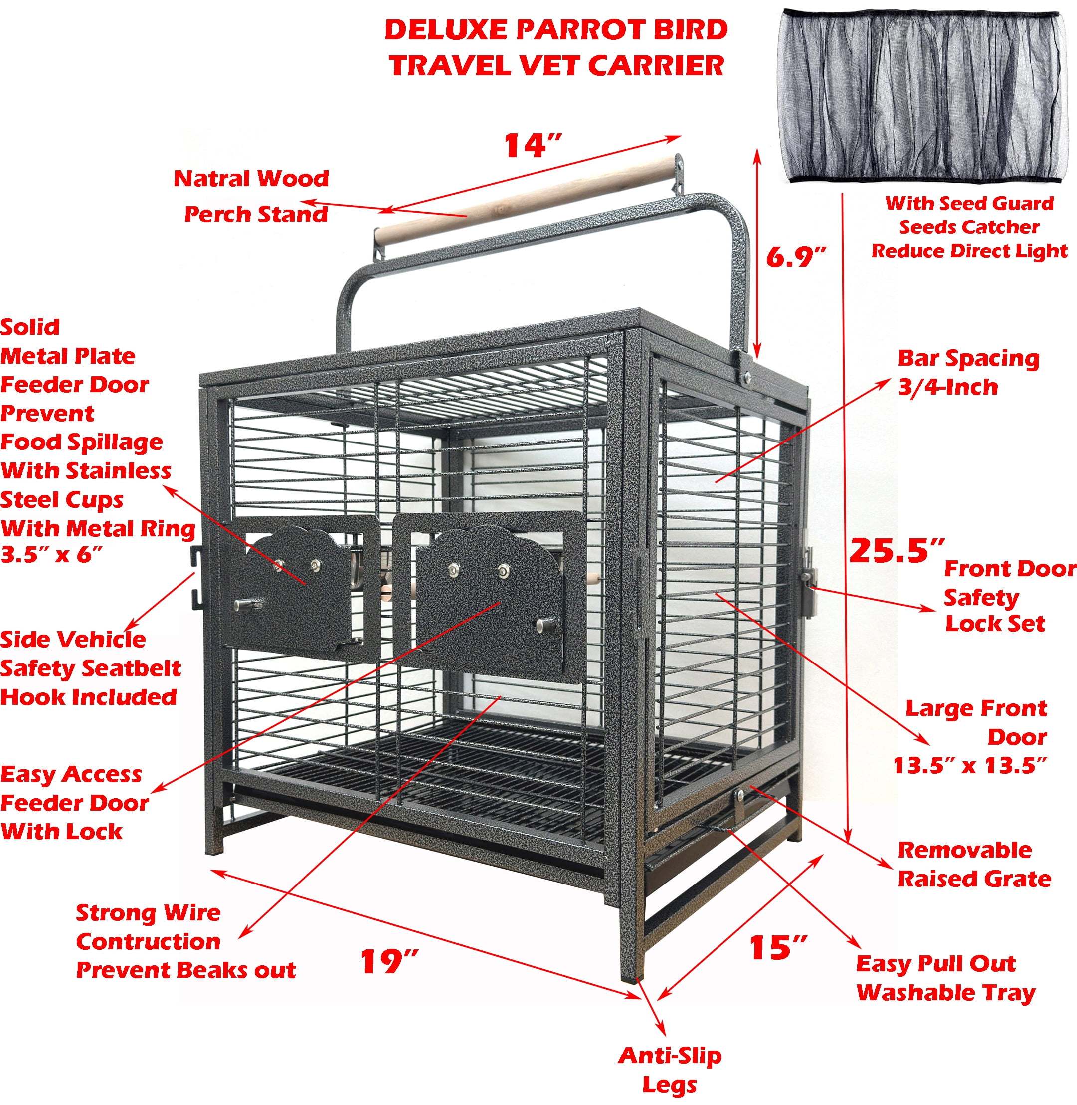 Durable Heavy Duty Travel Veterinary Bird Parrot Carrier Cage With Cover Feeding Bowl Play Wooden Stand Perch with Handle Prevent Beaks Out