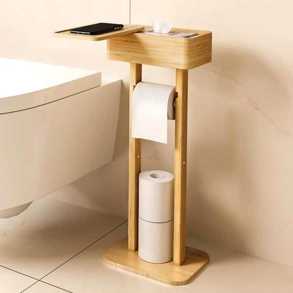 4-in-1 Toilet Paper Holder Stand with Storage Shelf Box, 360° Rotating Bamboo Free Standing Toilet Tissue Roll, Toilet Wipes Dispenser Organizer Desktop for Bathroom Decor (Patented)