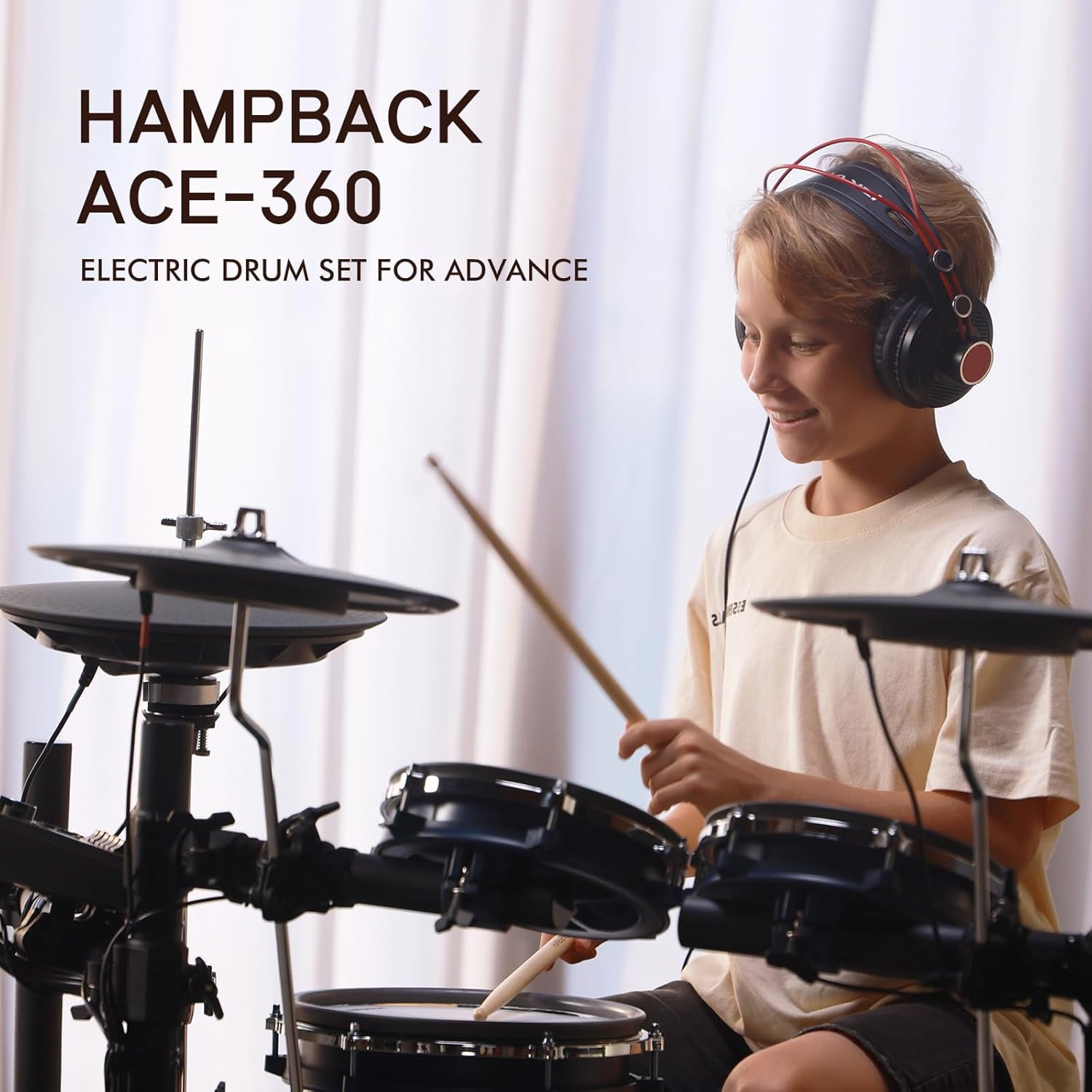 HAMPBACK ACE-360 Electric Drum Set for Adults, 10'' Snare Drum, 3x12" Cymbals with Choke, 12" Independent Hi-Hat, 5" Bass Drum, 52+ Drum Kits, 918 Sounds, Bluetooth Connection, Suitable for Advanced