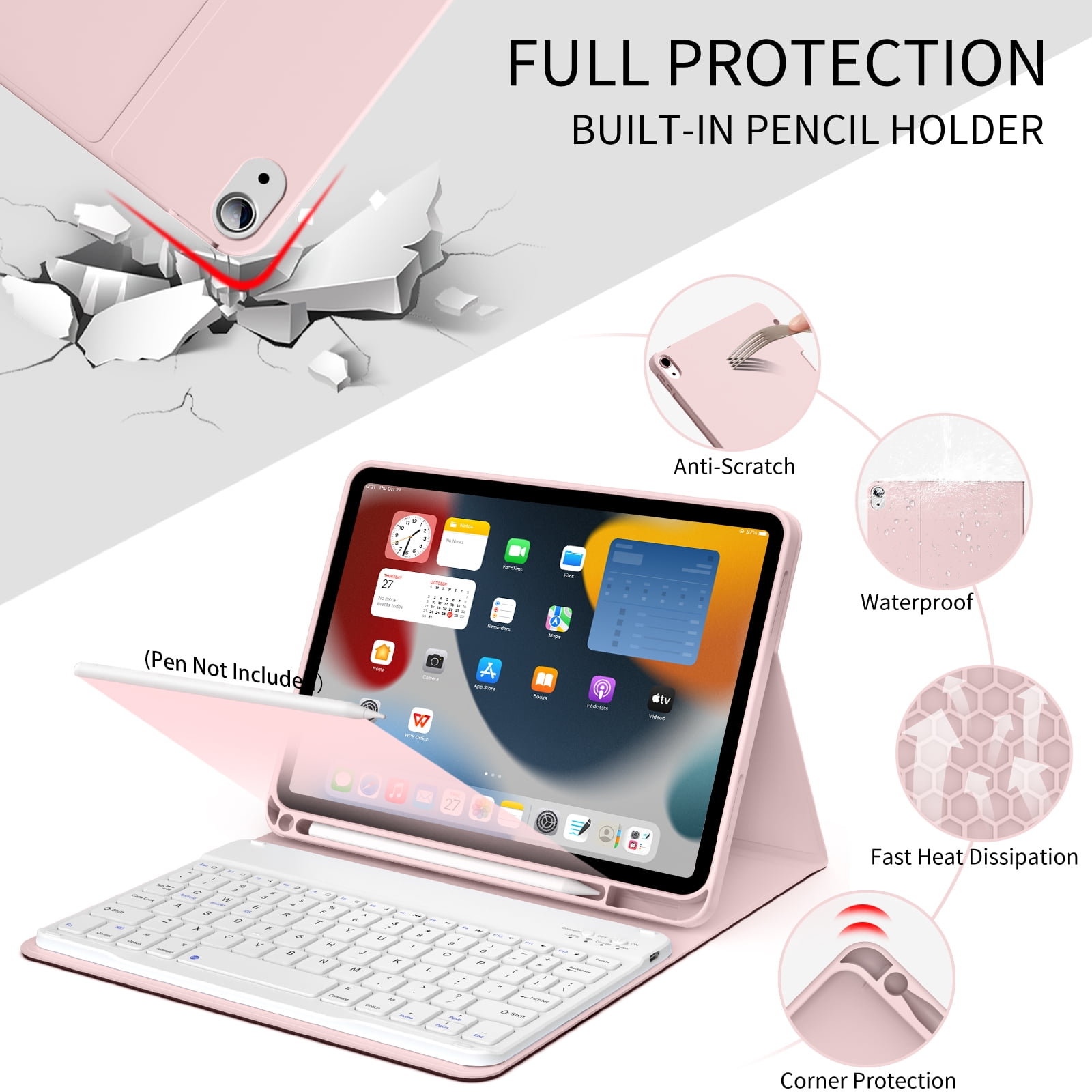 Aoub Keyboard Case for iPad (A16) 11th 10th Generation 2025 2022 with Pencil Holder, Detachable Wireless Bluetooth Rechargeable Keyboard Cover, Pink