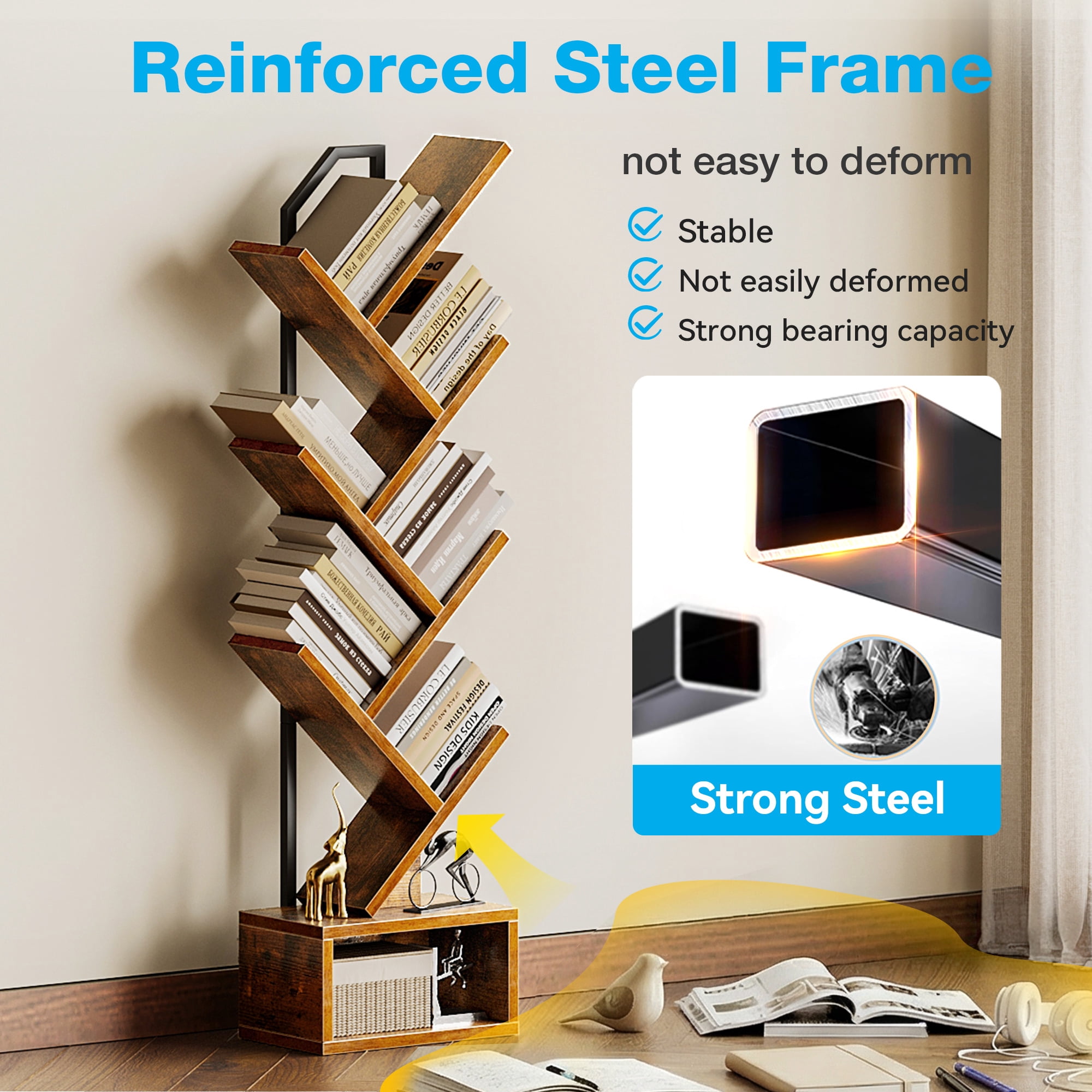 Casacomoda 6-Tier Tree Bookshelf for Corner & Small Space — Narrow Steel & Wood Bookcase, Tall Floor Standing Book Organizer Shelf with Storage Cabinet, Home Decor for Living Room, Bedroom, Vintage