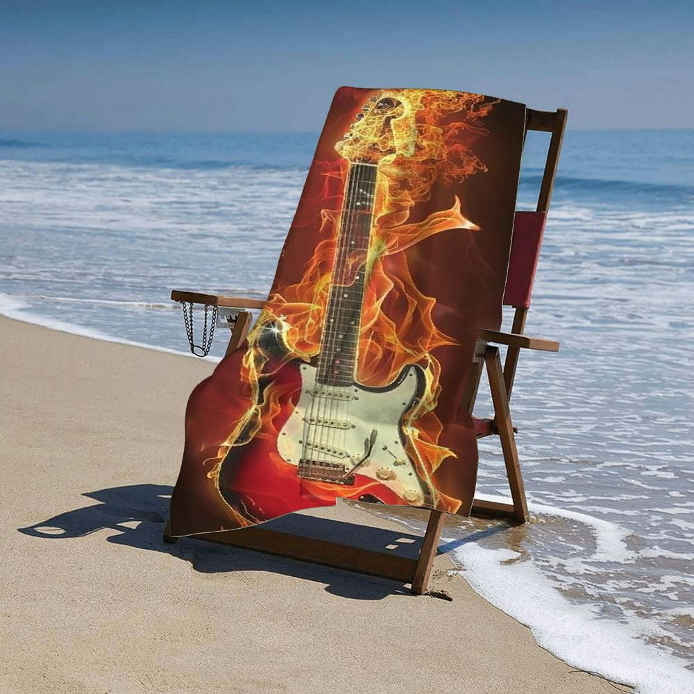 PHYHOO Fire Guitar Microfiber Beach Towel, Music Guitar Large Oversized Beach Towel Lightweight Quick Dry Soft Absorbent Bath Towel, Sand Free Towel for Swimming Travel Sports 30x60in