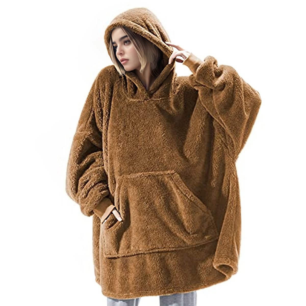 Oversized Blanket Hoodie Sweatshirt, Wearable Lounging Pullover for Adults Women Men Dark Brown One size