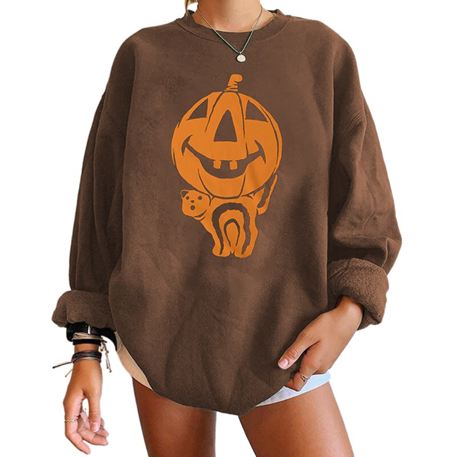 Halloween Oversized Sweatshirt for Women Pumpkin Cat Ghost Graphic Long Sleeve Casual Loose Crewneck Pullover Sweaters 