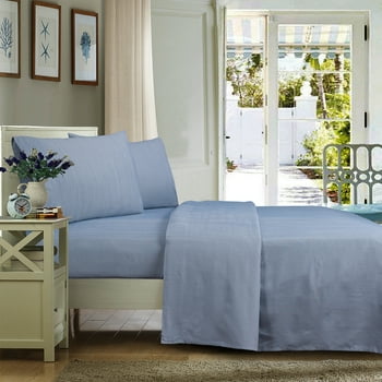 Mainstays Ultra Soft High Quality Microfiber Bed Sheet Set, Queen, Blue Stria, 4 Piece