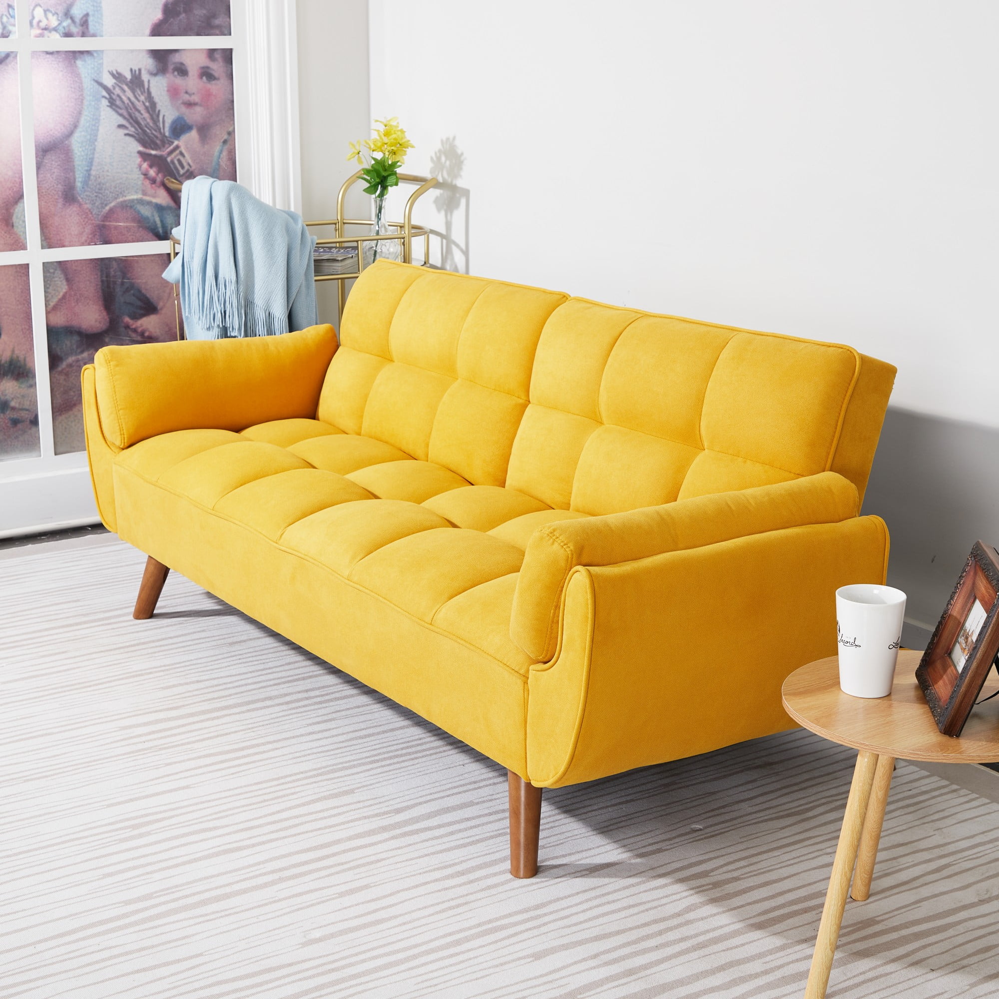 Gewnee Mid-Century Modern Yellow Sofa - Solid Eucalyptus Wood Frame, 500 lbs Capacity, S-Shaped Springs for Apartments, Living Rooms, Studies