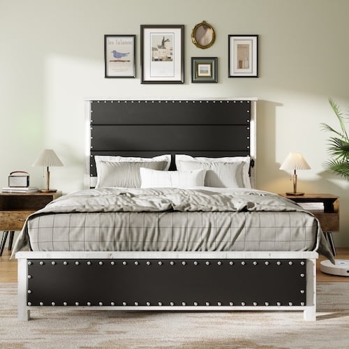 FaFaSoGoodFa King Size Bed Frame with Upholstered Headboard, with Charging Station and LED Lights, Dark Gray Faux Leather & Rivets, No Box Spring Needed