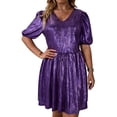 thumbnail image 2 of LVHAOGJOB Robe pour Femme à Manches Courtes, Fluide, Ligne A, Mini-Robe, Imprimé Floral, Grande Taille, Évasée, Robe d'Été pour Femme, Violet, 2 of 7