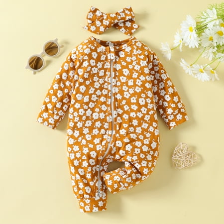 

Baby Girls Boys Autumn Floral Print Long Sleeve Romper Jumpsuit Headbands Clothes Yellow 60