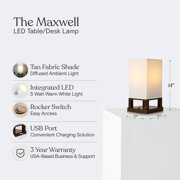 Brightech Maxwell Bedside Lamp Set with USB Port – Compact Table Lamp for Bedroom, Living Room - Modern Asian Nightstand Lamp with Wood Frame - LED Bulb, Soft Light - Brown