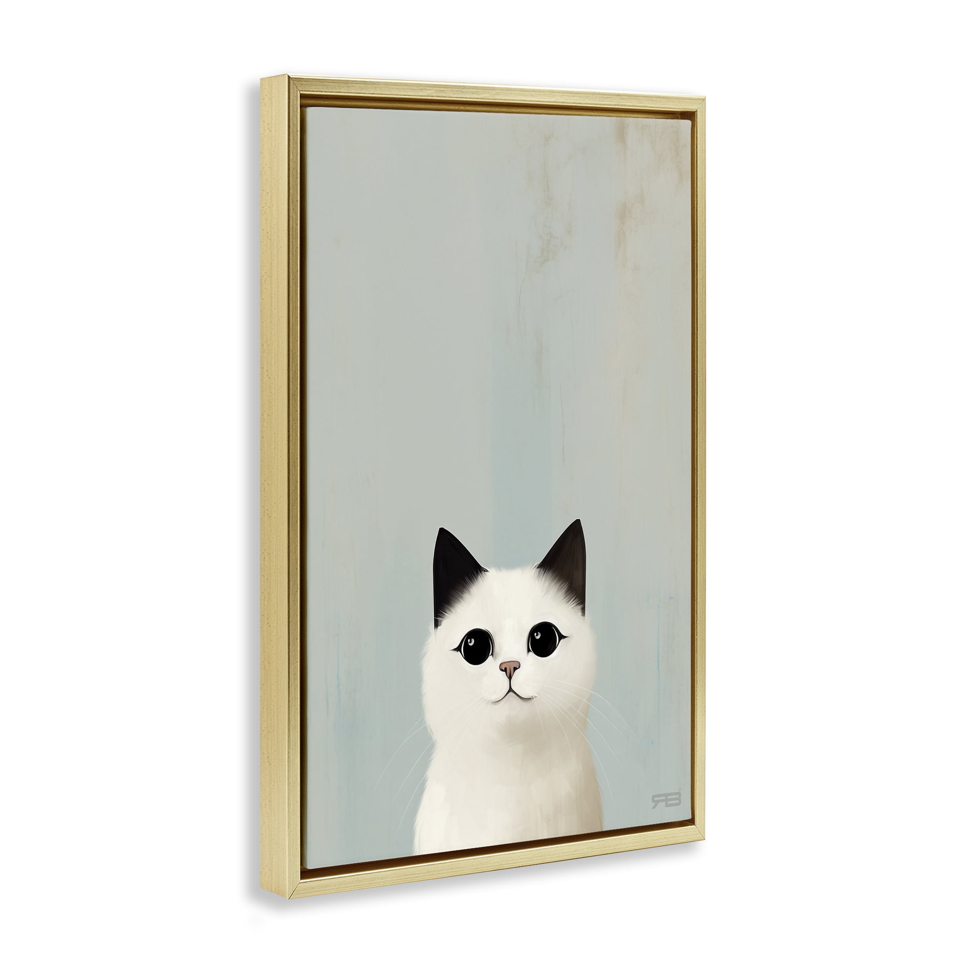 Stupell Industries Peeking White Kitten Animals & Insects Painting Gold Floater Framed Canvas Art Print Wall Art, 21 x 31