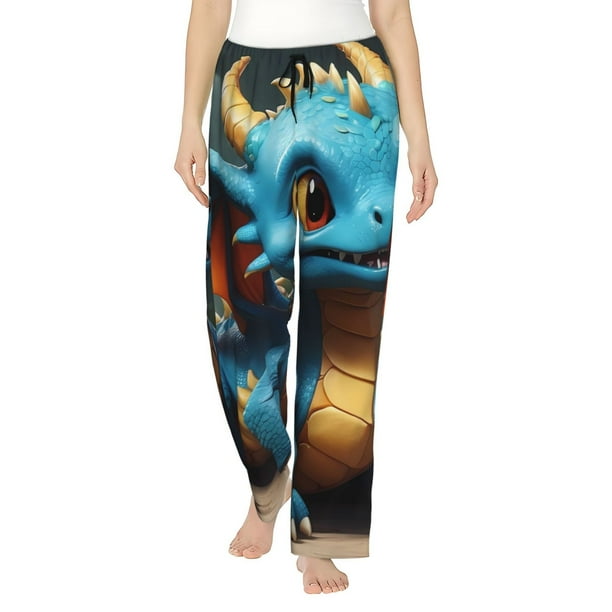 Balery Adorable Blue Baby Dragon Pantalones de pijama para mujer, pijamas ultraligeros, pantalones de estar por casa-Large