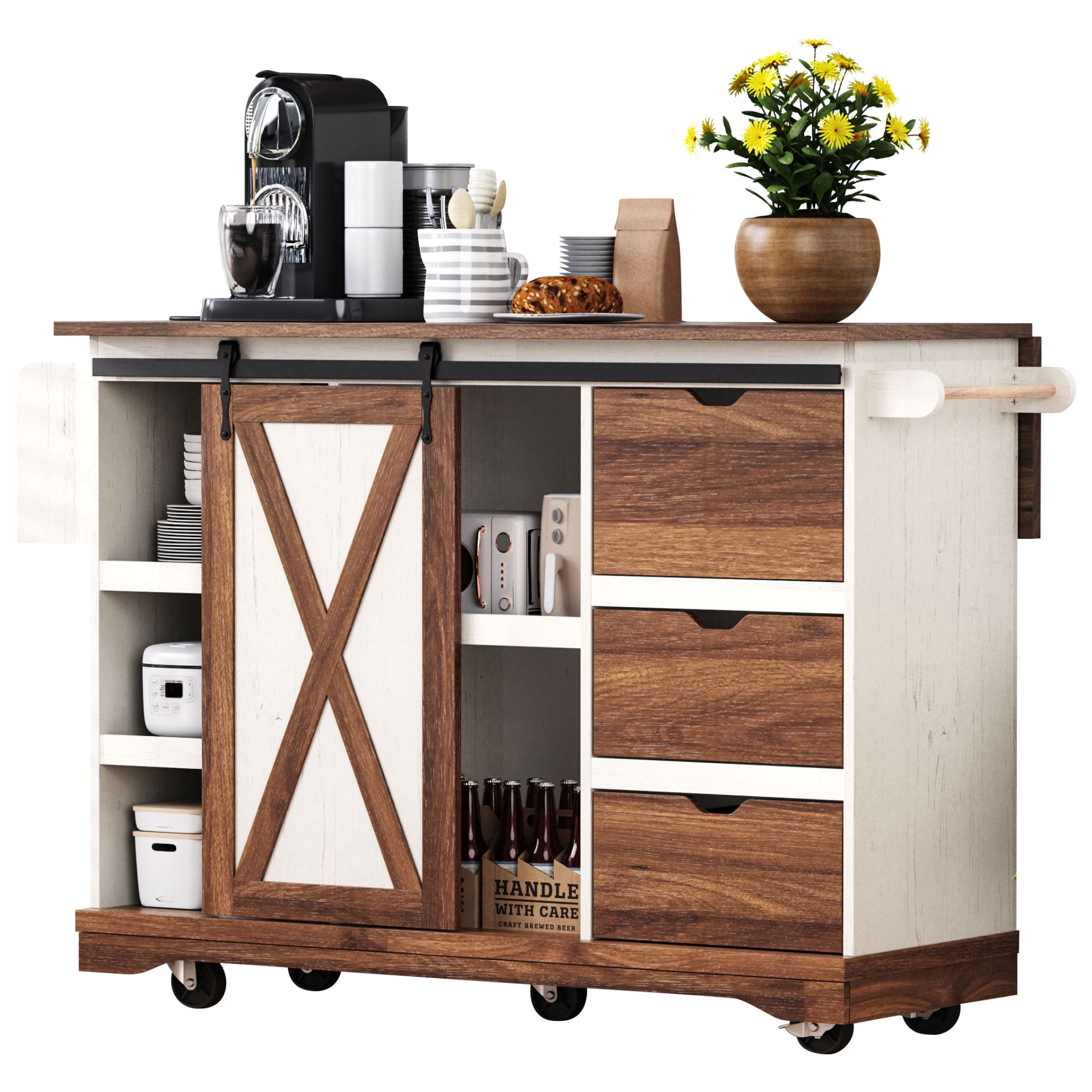 Euroco Farmhouse Kitchen Island with Drop Leaf, Charging Station, Storage Cabinet & Drawers, Rolling Kitchen Cart with Barn Door – 55.5''W
