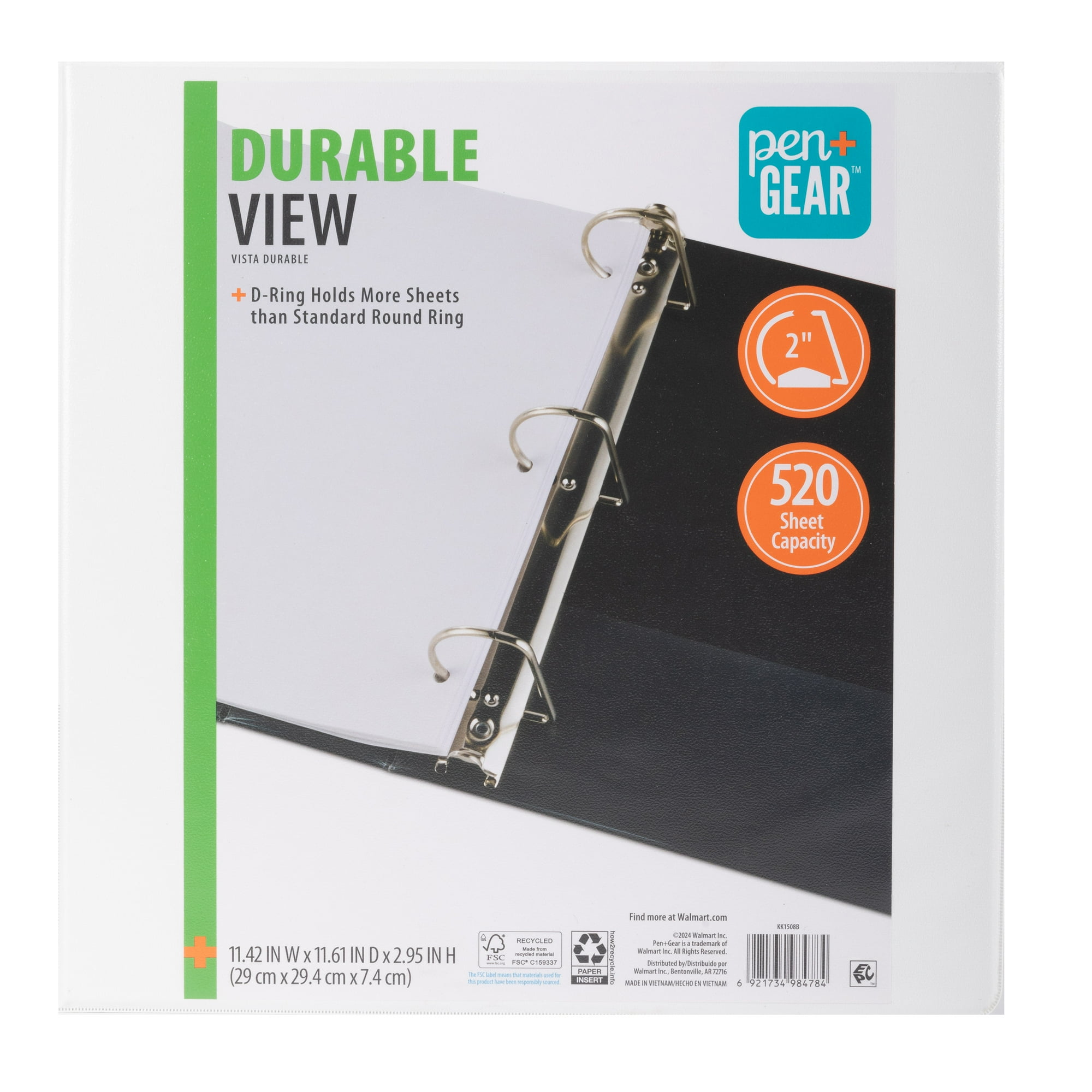 Pen+Gear Durable View Binder, 2 in Rings, White, 1 Count, 520-Sheet Capacity