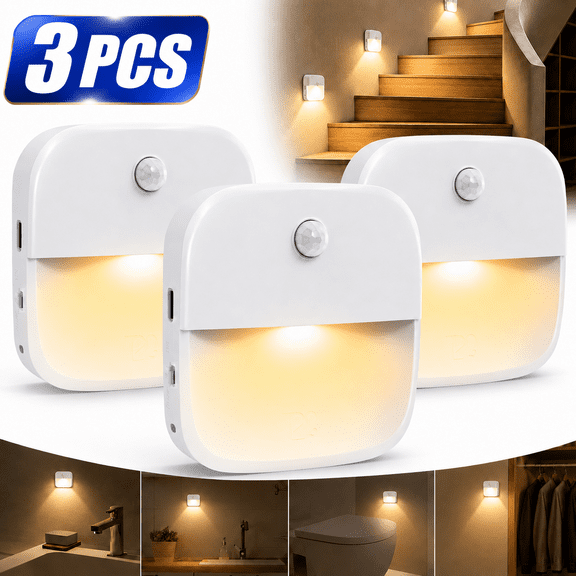 Motion Sensor Light, LED Night Light, Wall Light, Closet Lights, Safe Lights for Stairs, Hallway, Bathroom, Kitchen, Cabinet (White - Pack of 3)