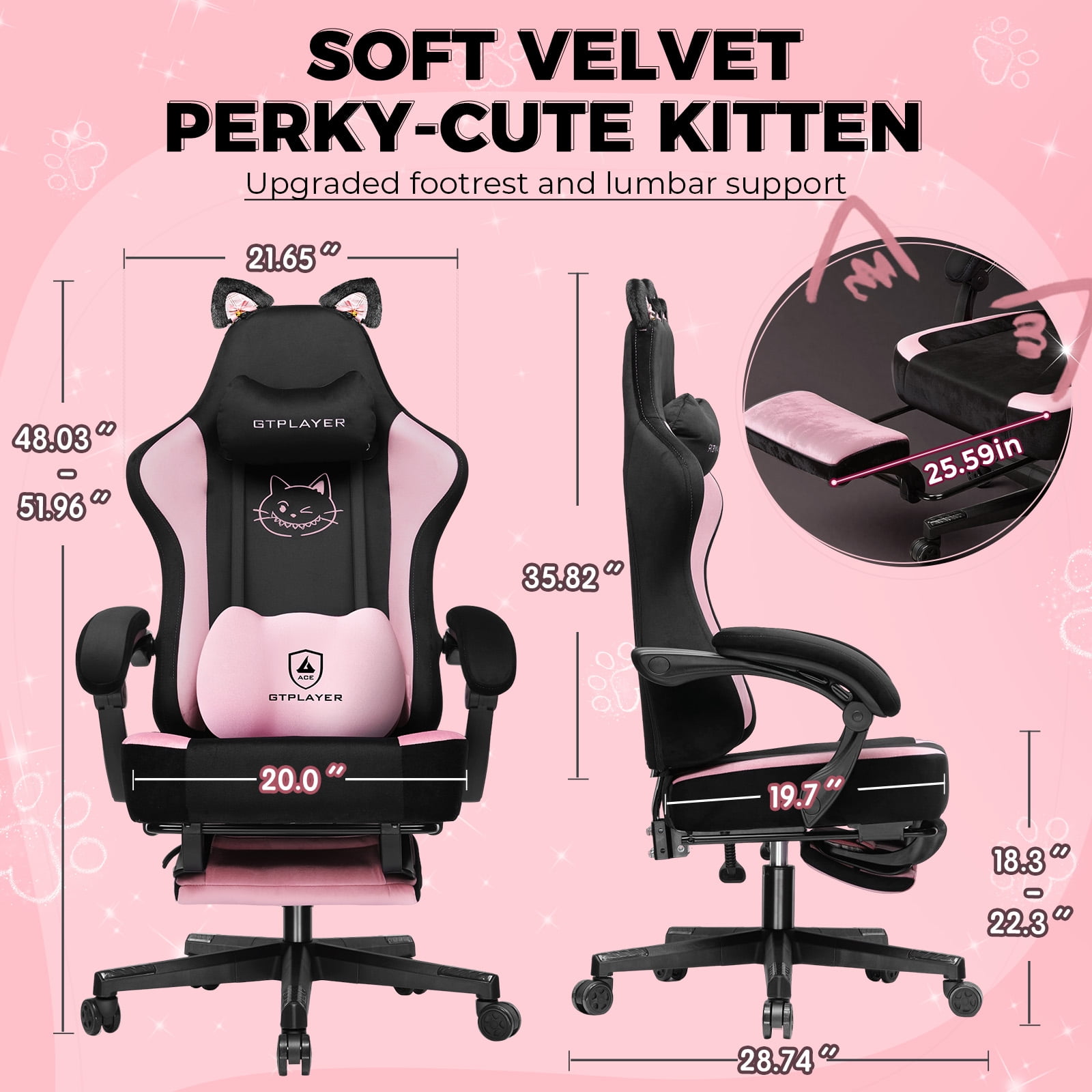 LUCKLIFE Cute Gaming Chair with Cat Paw,Computer Chair with Footrest, Reclining PC Game Chair for Girl, Teen