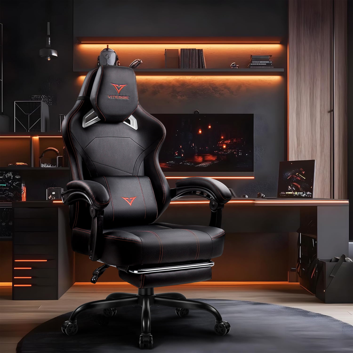 PUKAMI Big and Tall Gaming Chair 400lb Weight Capacity with Footrest, Ergonomic Video Game Chair for Adults with Oversized Headrest and Lumbar Pillow