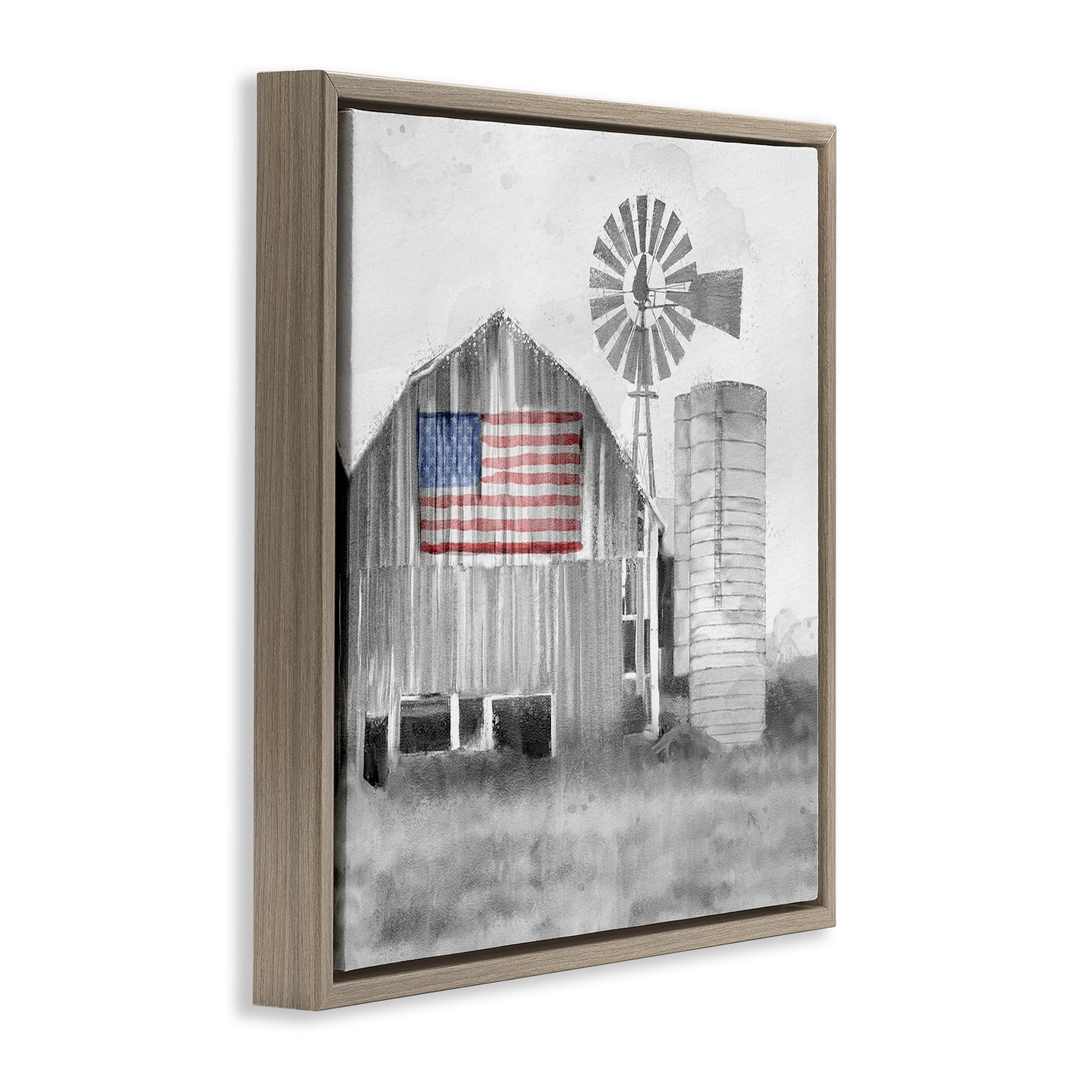 Stupell Industries Grandfather's Barn with Flag Brown Framed Floater Canvas Wall Art, design by Kim Allen