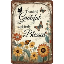 Wild Flower Thankful Grateful and Truly Blessed Inspirational Quote Wall Art 12x8 Inch Creative Aluminum Sign Boho Room Decor for Bedroom Living Room Kid Room Nursery Wall Decor