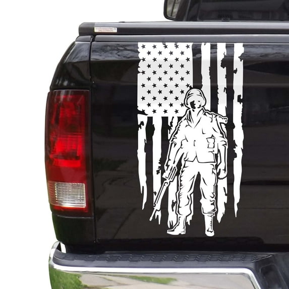 Soldier Enlisted Man Fighter U.S. Army USMC USAF Distressed American USA US Flag Truck Tailgate Vinyl Decal Fits Most Pickup Trucks Veteran Retired Military Sticker … (11" x 20", Matte White)