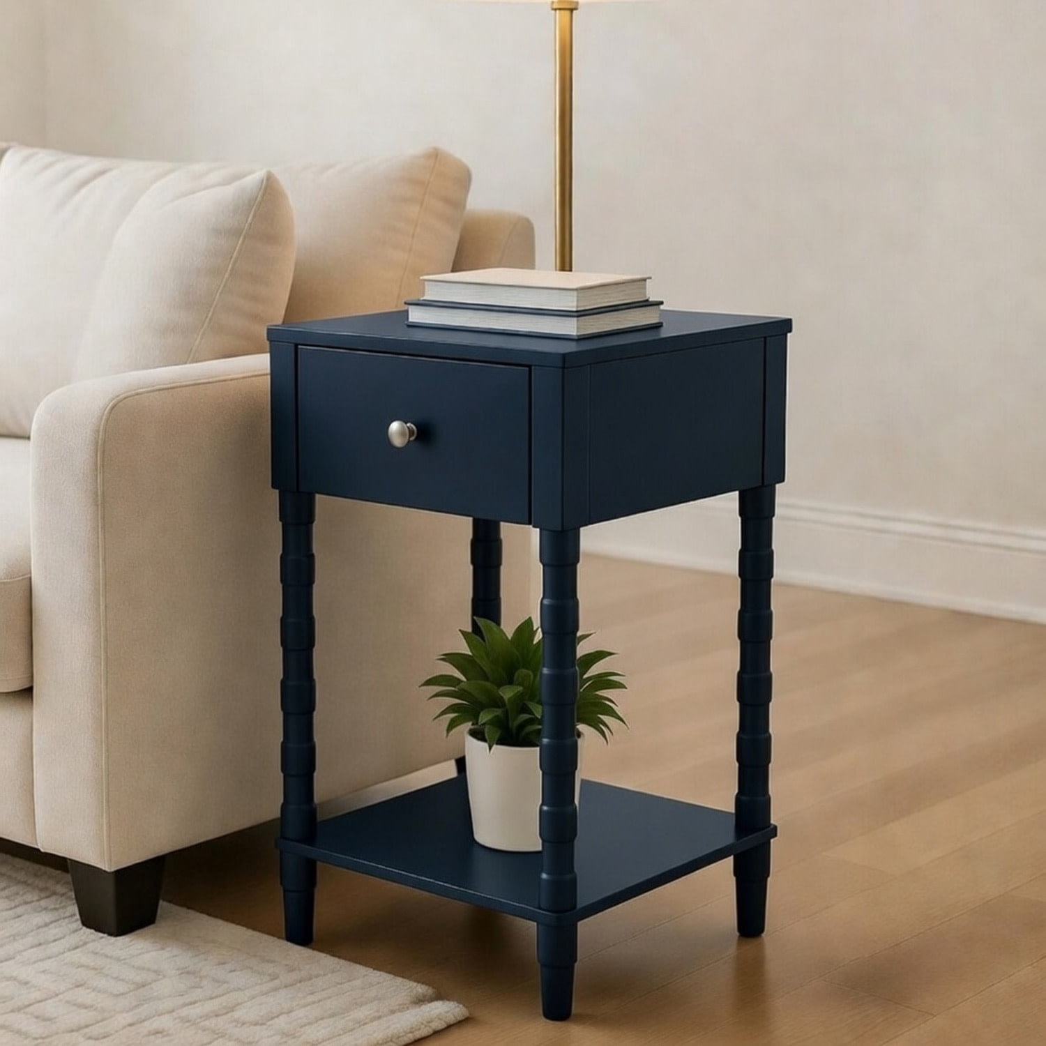 Decor Therapy Sterling Modern Side Table with Storage Drawer, Lower Shelf, Contemporary Legs End Table for Living Room, Navy