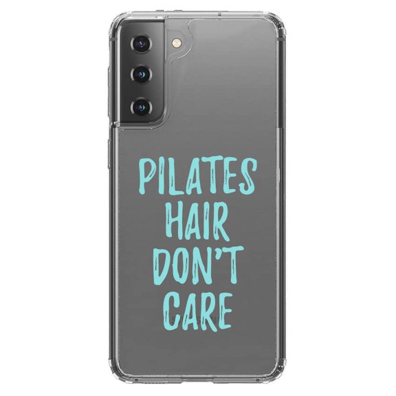 DistinctInk Clear Shockproof Hybrid Case for Galaxy S21 5G (6.2" Screen) - TPU Bumper Acrylic Back Tempered Glass Screen Protector - Pilates Hair Don't Care