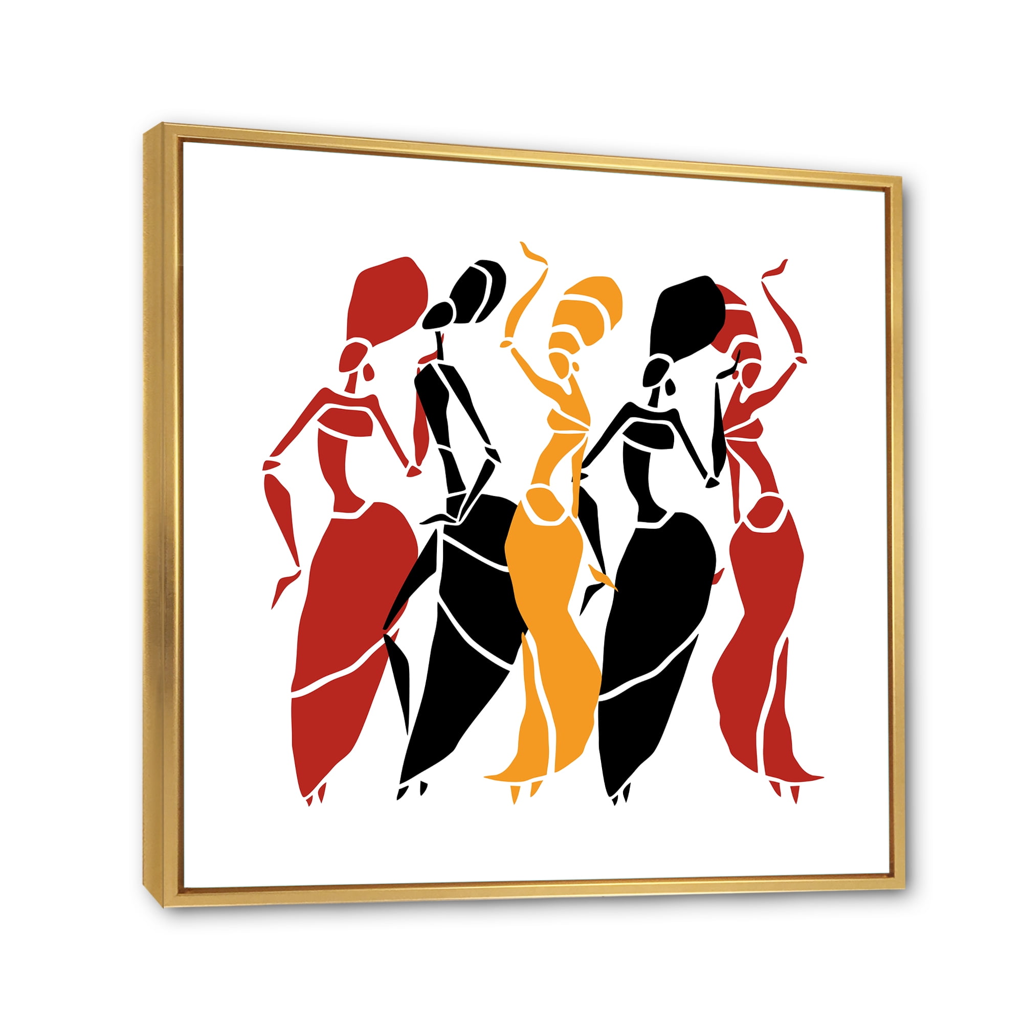 Designart 'Beautiful Red Black and Yellow Dancers Afro American Silhouettes' Modern Framed Canvas Wall Art Print