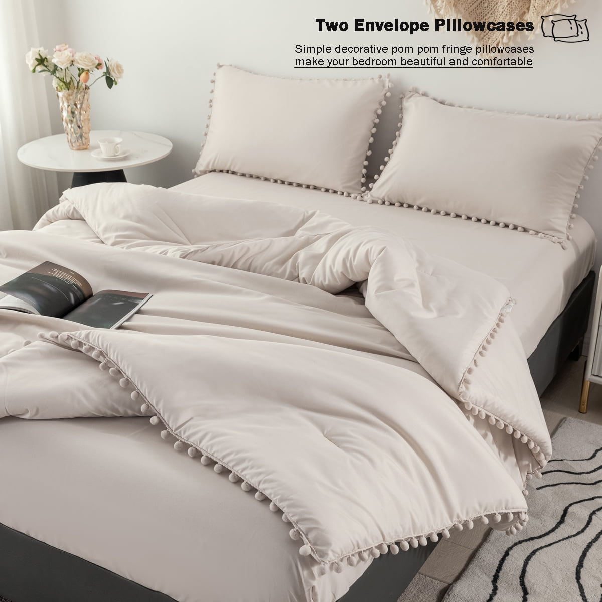 RYNGHIPY Boho 3-Pieces Beige Grey Solid Comforter Bedding Sets, Twin