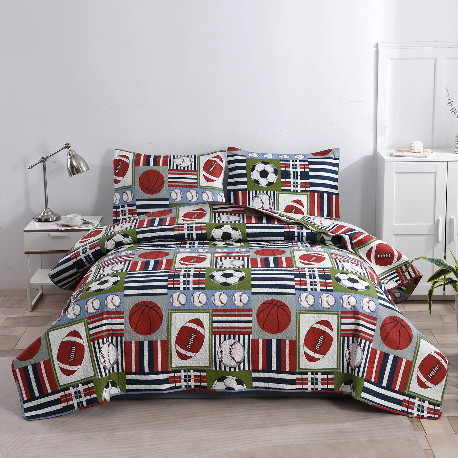 Smuge Boys Sports Bedding Plaid Quilt Twin Size, 3Pcs Lightweight