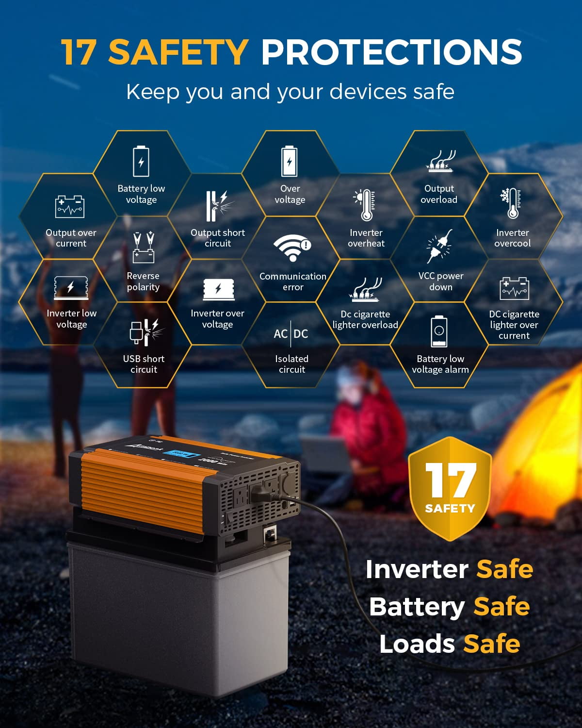 Ampeak 2000 Watts Power Inverter 12V to 110V 17 Safe Protections Inverter Digital Display 3AC Outlets 4.8A Dual USB Ports Cigarette Lighter Car Inverter