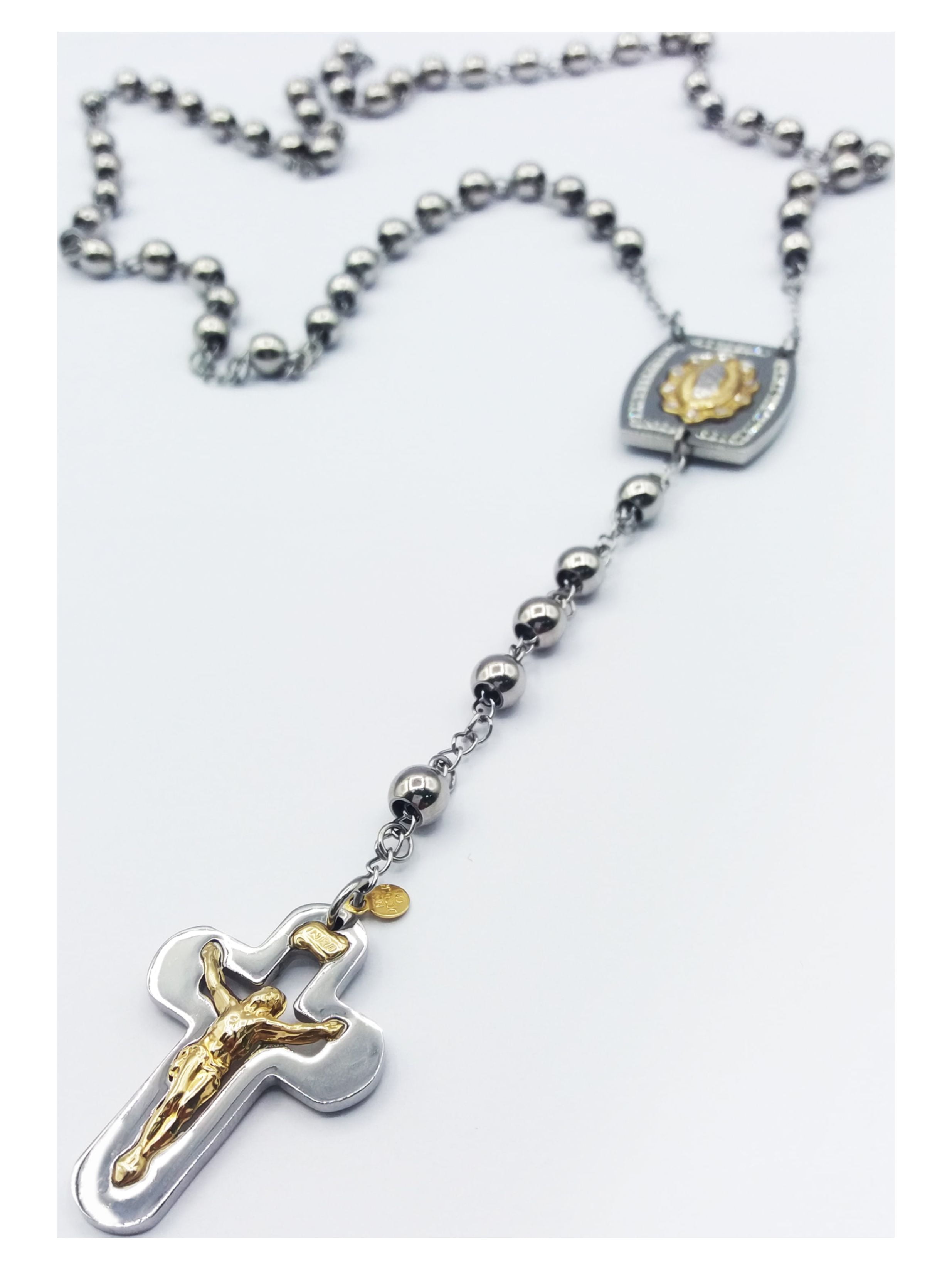 Brilliance Fine Jewelry Men's Rosary Necklace in Stainless Steel & 14K Gold Plated Sterling Silver, 26 Inches