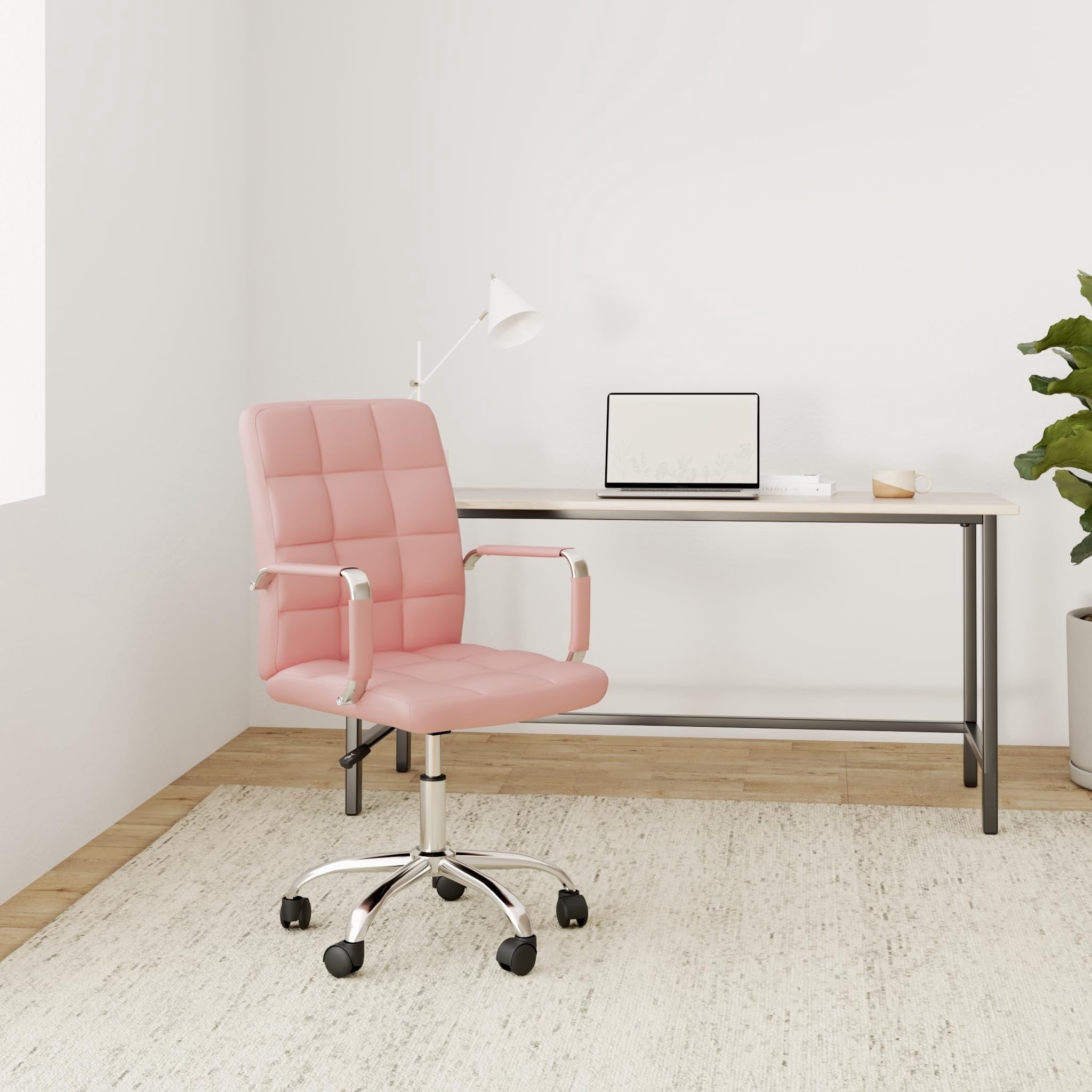 PU Leather Office Chair with Arms, Adjustable Height, Swivel Rolling Desk Chair, Mid-Back Upholstered Modern Chair for Home, Study, or Vanity, Light Pink