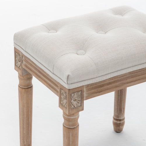 15.7" Tufted Linen Vanity Stool with Carved Solid Wood Legs – Multi-Use Dressing Bench for Bedroom, Entryway & Commercial Seating, Beige